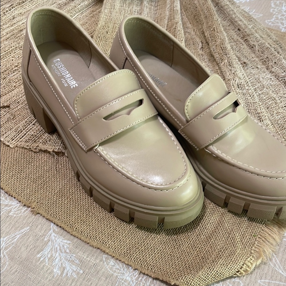 Beige Chunky Platform Loafers with Penny Strap